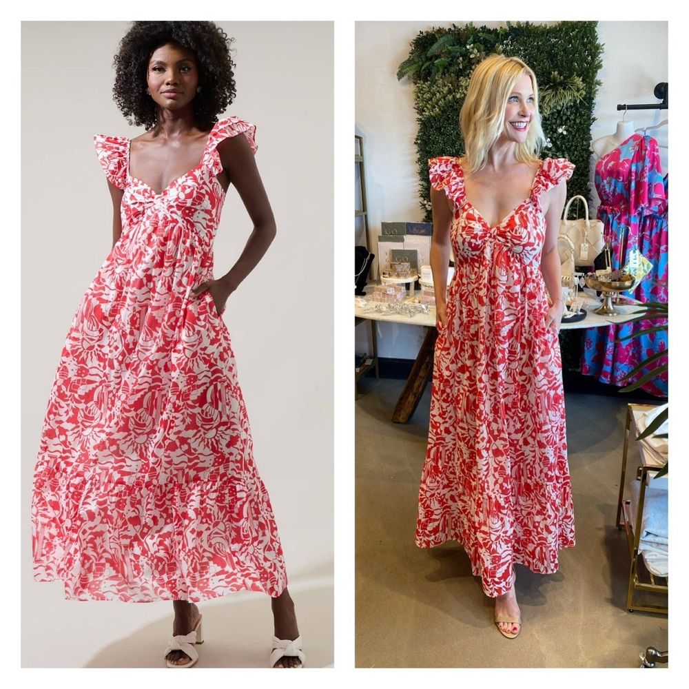 Aster Red and White Floral Smocked Midi Dress by Sugarlips
